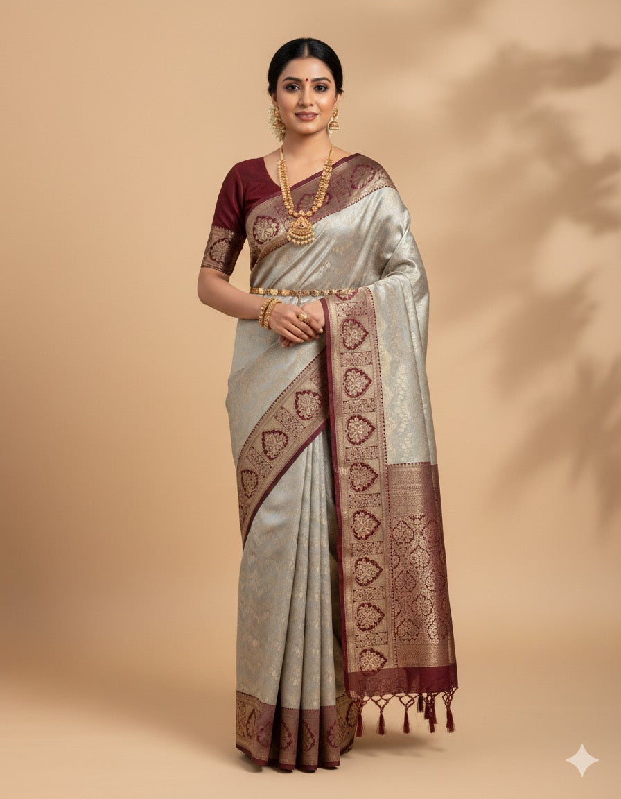 Grey Tissue Silk Readymade/Easy Saree