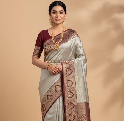 Grey Tissue Silk Readymade/Easy Saree