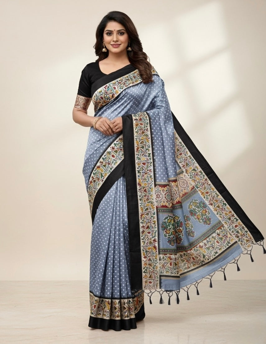 Grey Crepe Silk Readymade/Easy Saree