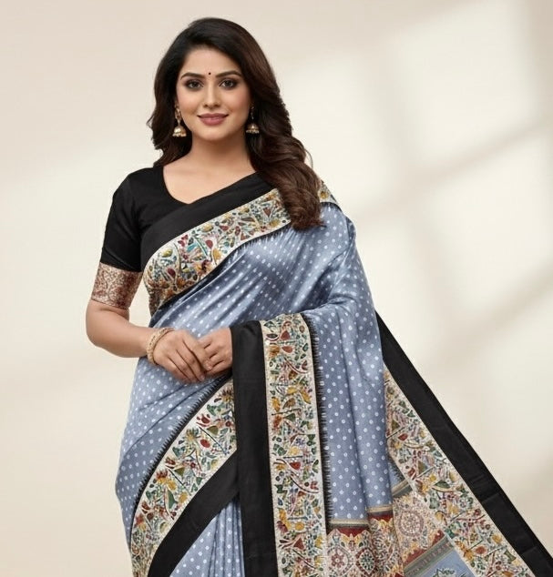 Grey Crepe Silk Readymade/Easy Saree