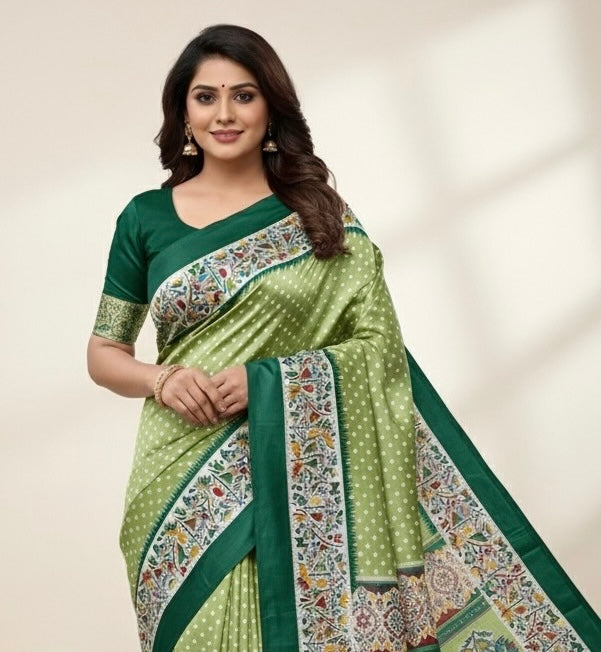 Green Crepe Silk Readymade/Easy Saree
