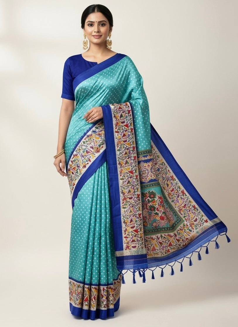 Sea Blue Crepe Silk Readymade/Easy Saree
