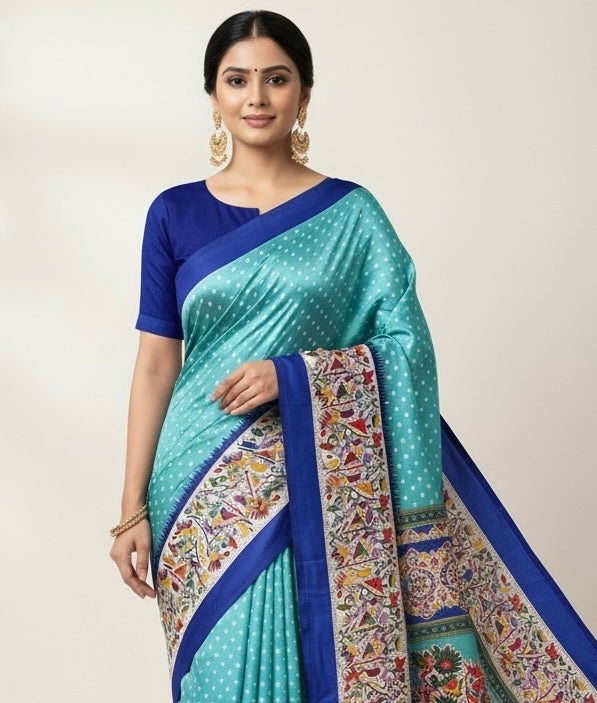 Sea Blue Crepe Silk Readymade/Easy Saree