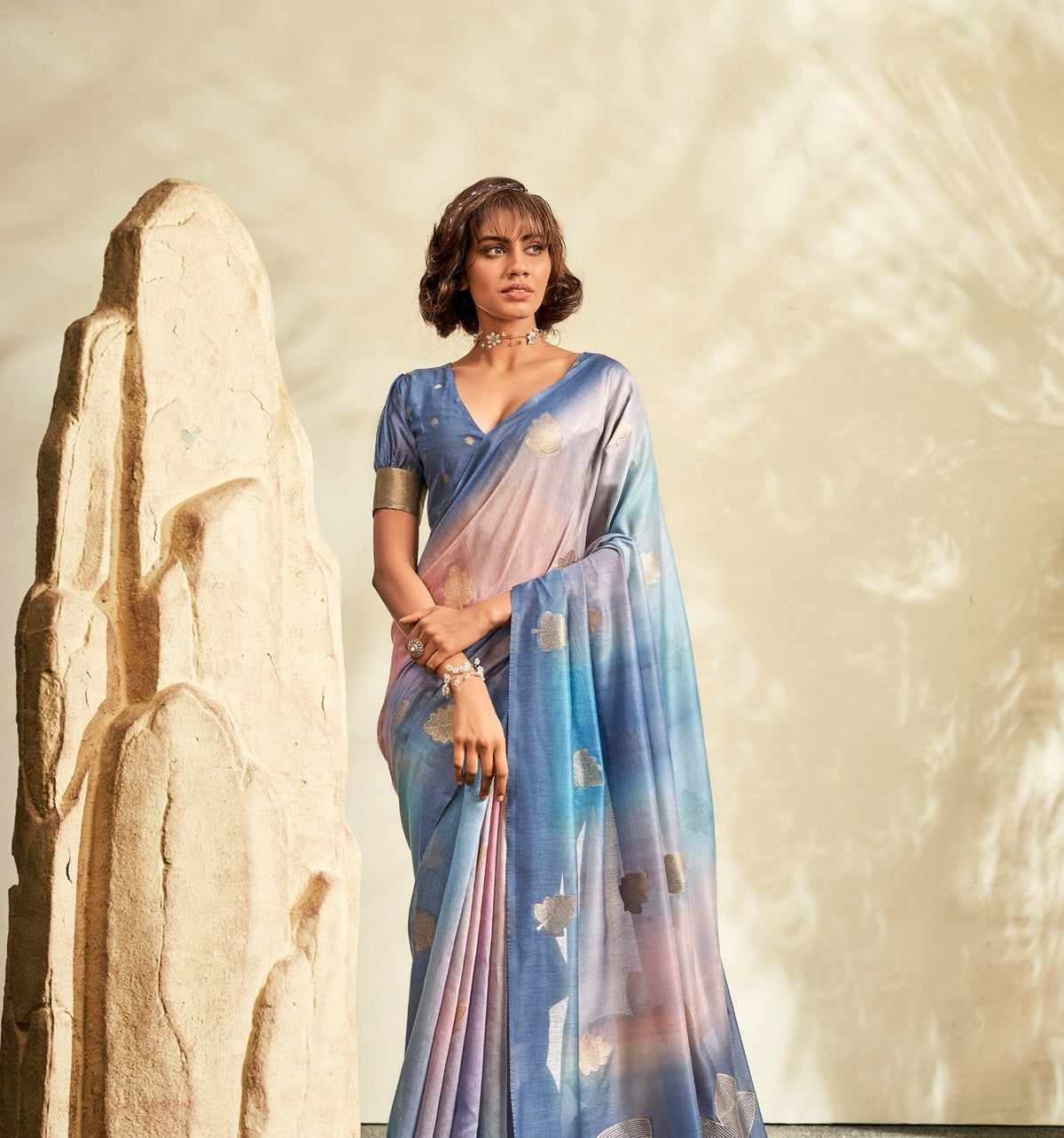 Slate Blue Printed Linen Ready To Wear/Easy Saree by Stylebypanaash