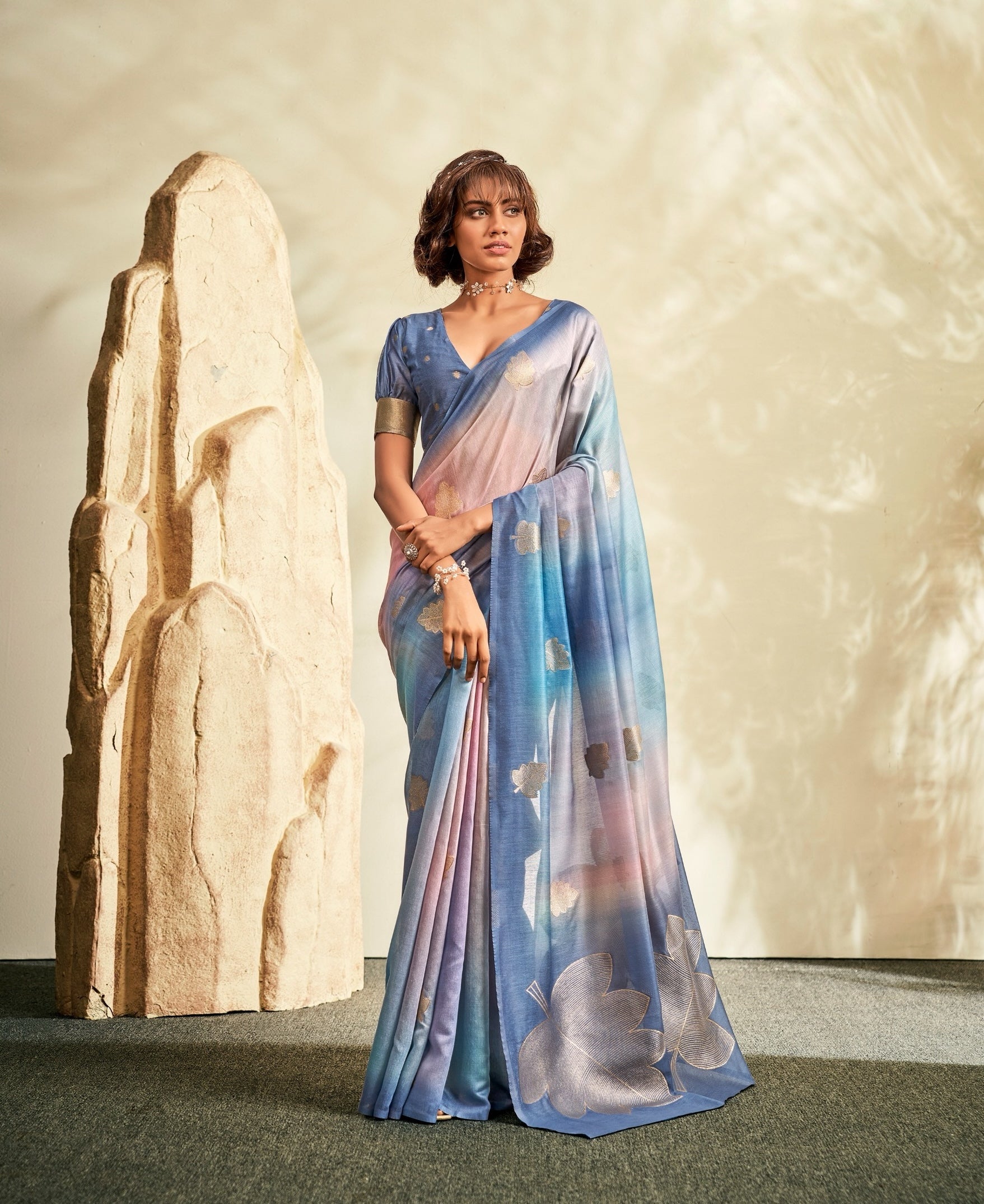 Slate Blue Printed Linen Ready To Wear/Easy Saree by Stylebypanaash