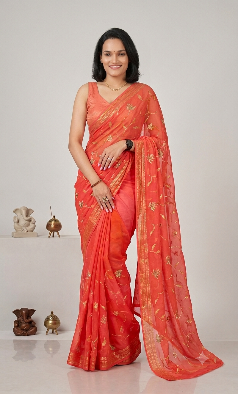 Peach Chiffon Ready To Wear/Easy Saree