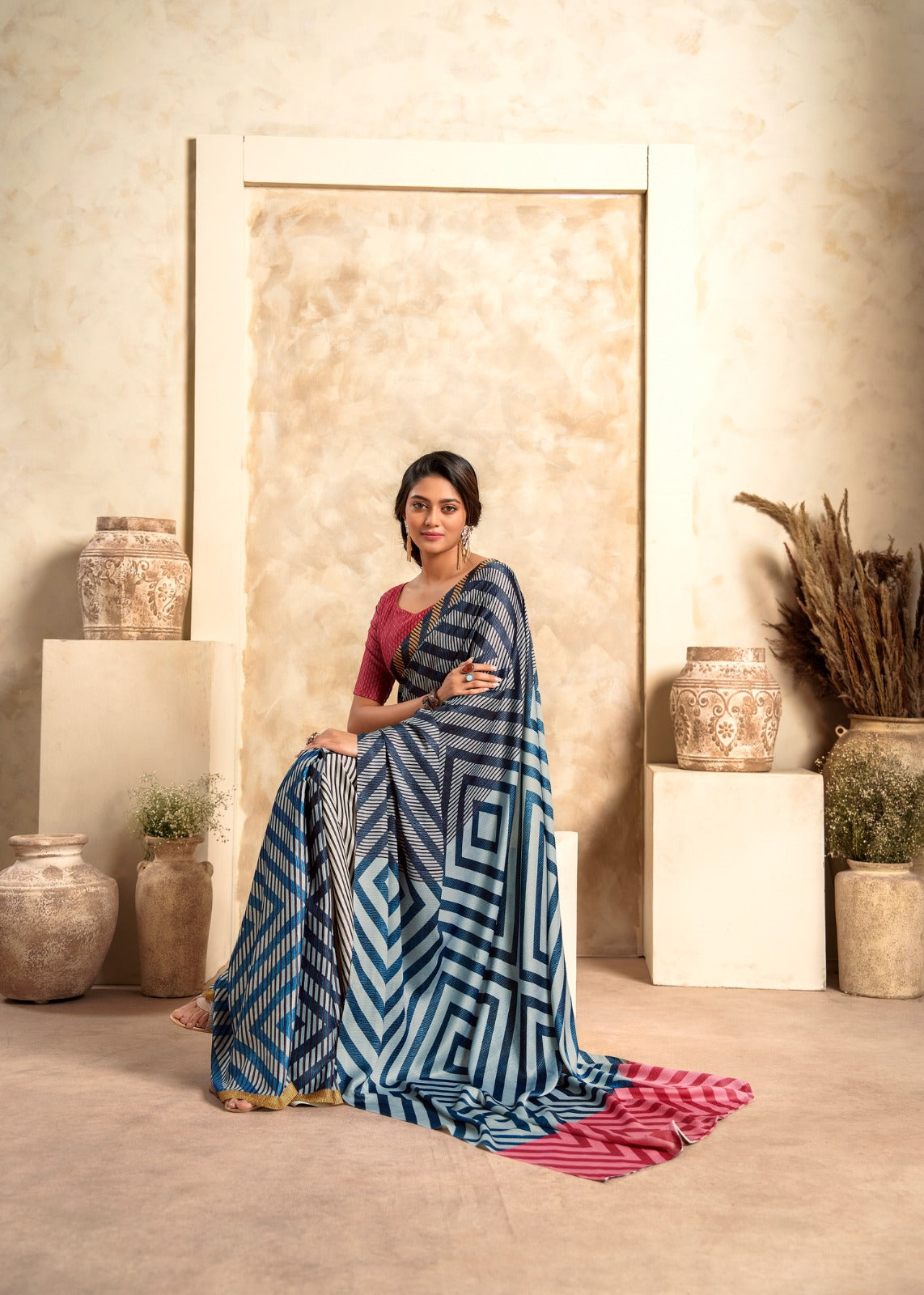 Blue Readymade/Easy Crepe Silk Saree