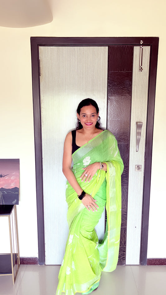 Green Color Readymade Linen Silk Saree (Clearance)