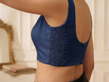Navy Blue Silk Side Elastic Readymade Blouse