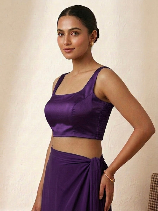 Purple Silk Side Elastic Readymade Blouse