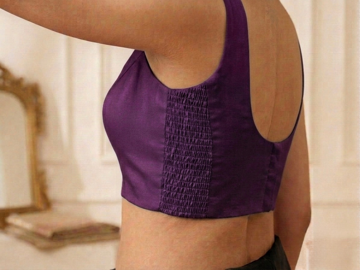 Purple Silk Side Elastic Readymade Blouse
