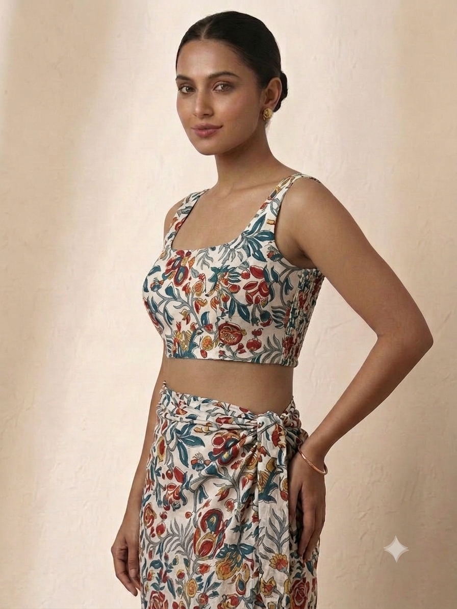 Reversible crop blouse, light floral print with gathered elastic hem