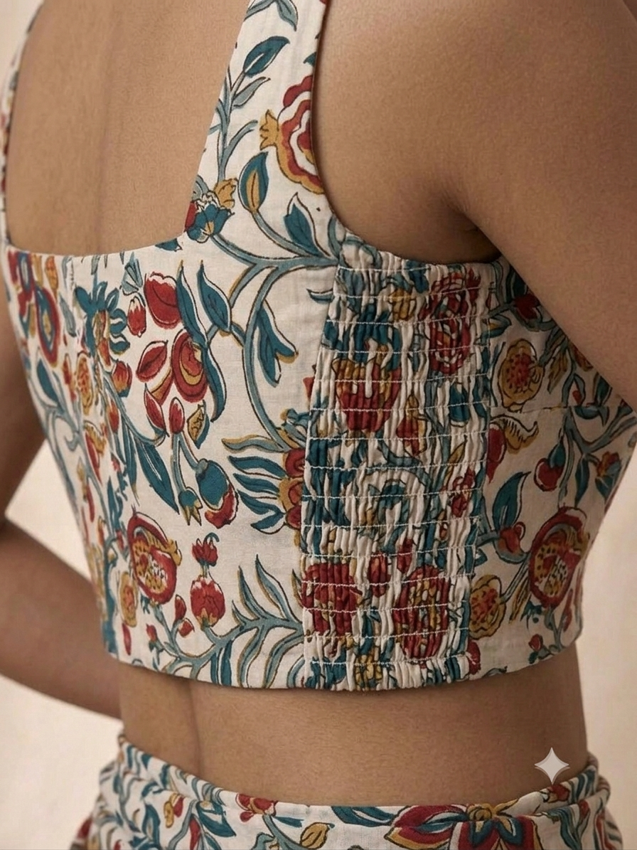 Sleeveless crop blouse close-up, floral print with ruched elastic back
