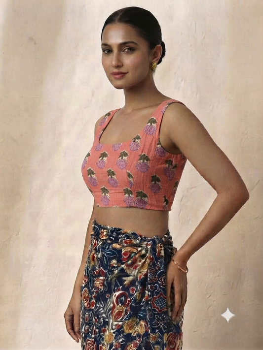 Reversible sleeveless blouse, pink with leaf and tassel print, scoop neck crop