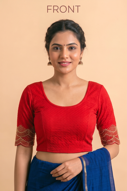 Red stretchable blouse with a scoop neck, short sleeves, and gold pipe-work embroidery at the cuffs