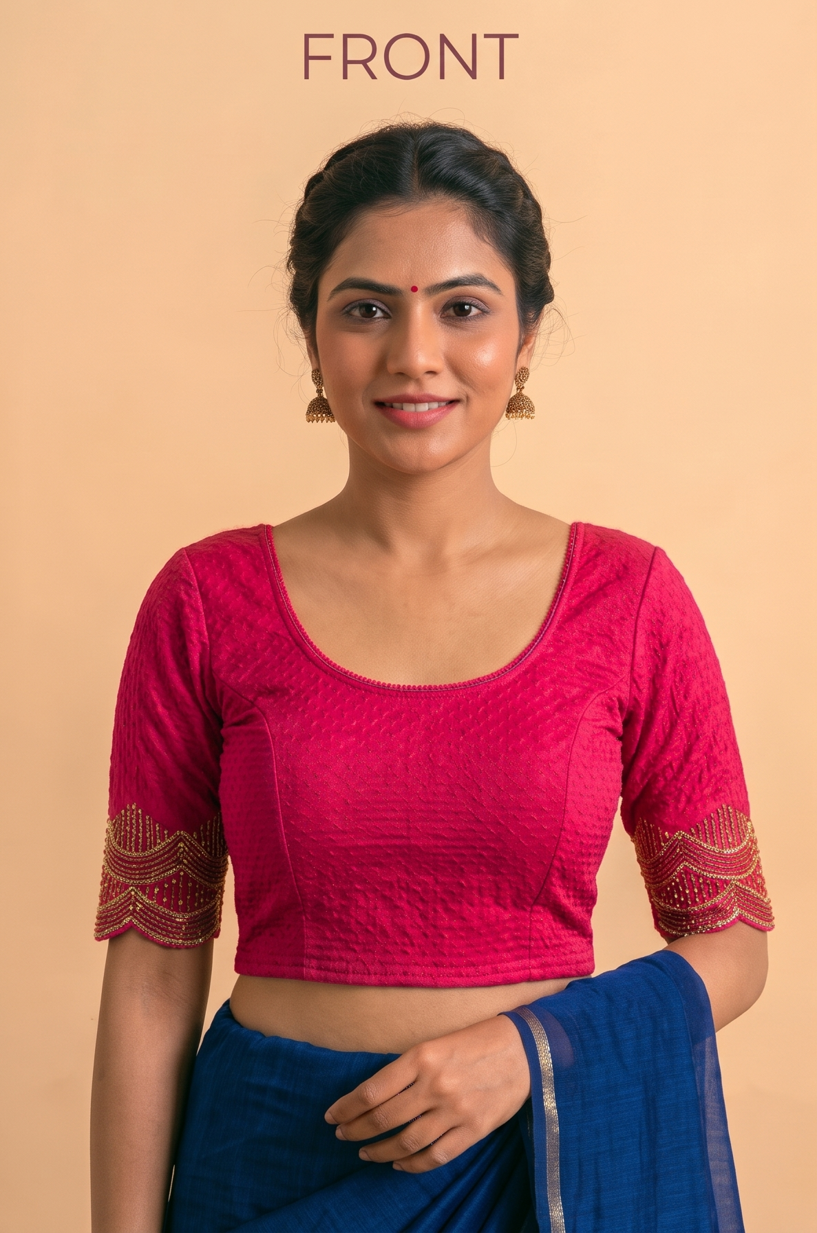 Pink stretch blouse with a scoop neckline and short sleeves with gold-patterned cuffs