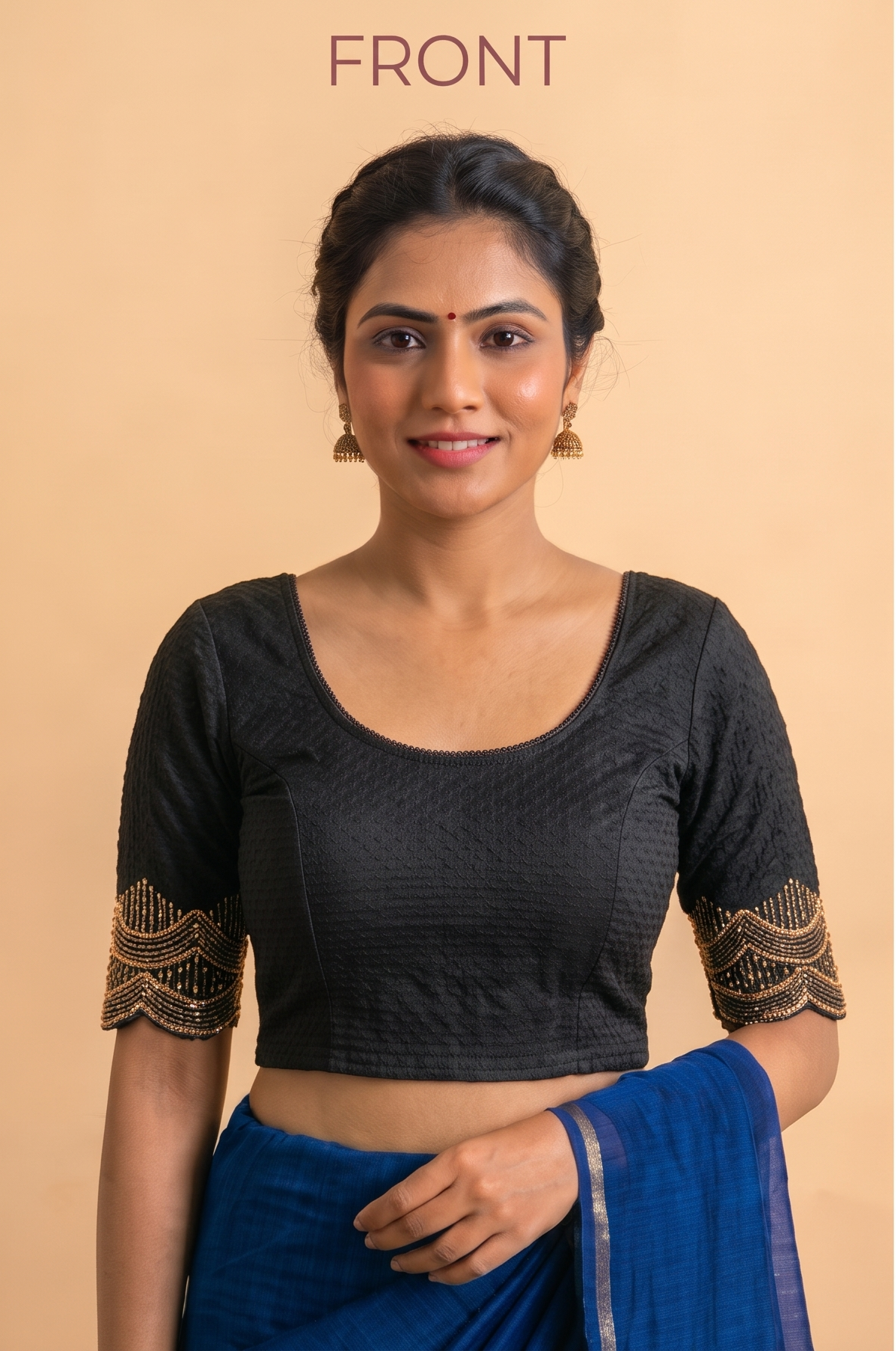Black stretchable blouse with a scoop neckline and gold pipe-work sleeve details