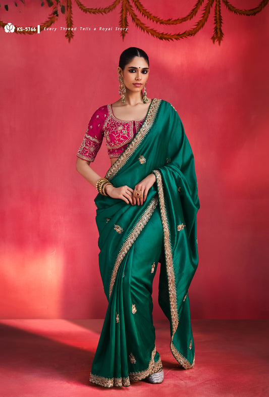 Emerald Green Designer Silk Ready To Wear/Easy Saree by Stylebypanaash