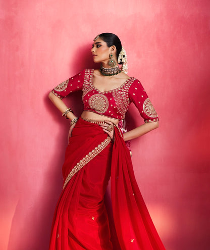 Crimson Red Designer Silk Ready To Wear/Easy Saree by Stylebypanaash