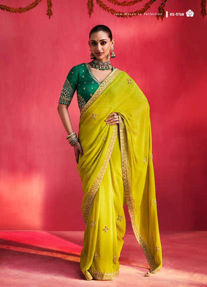 Lime Green Designer Silk Ready To Wear/Easy Saree by Stylebypanaash