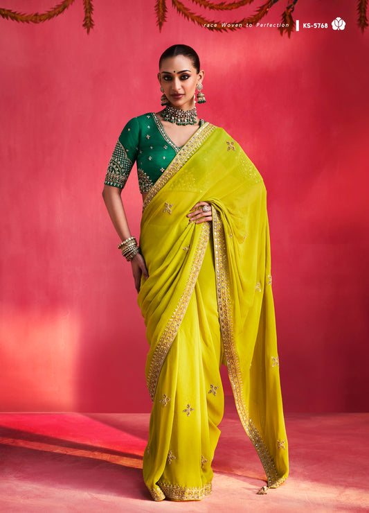 Lime Green Designer Silk Ready To Wear/Easy Saree by Stylebypanaash