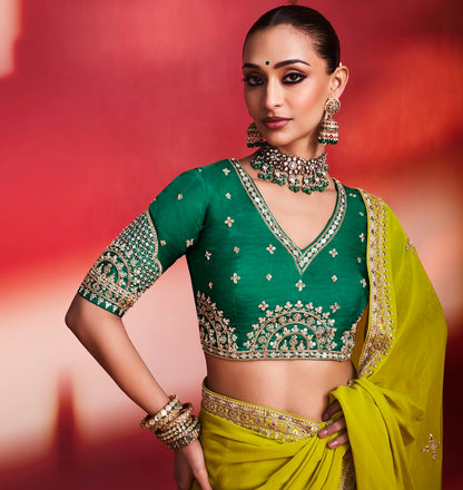 Lime Green Designer Silk Ready To Wear/Easy Saree by Stylebypanaash
