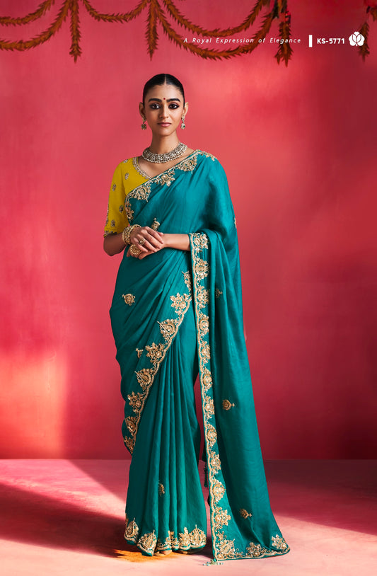 Teal Blue Designer Silk Ready To Wear/Easy Saree by Stylebypanaash