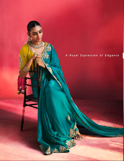 Teal Blue Designer Silk Ready To Wear/Easy Saree by Stylebypanaash