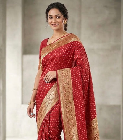 Maroon bandhani saree draped on model, gold zari border and contrasting pallu