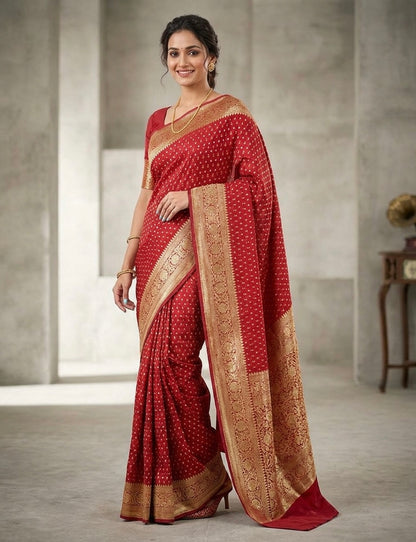 Maroon bandhani raw silk saree on model, wide gold zari pallu and border
