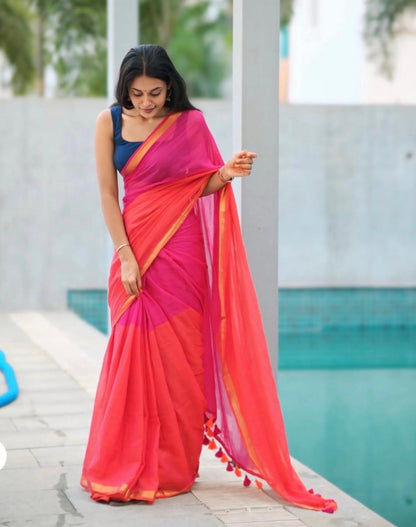 Bright Pink & Orange Mul Cotton Ready To Wear/Easy Saree - Panaash Saree