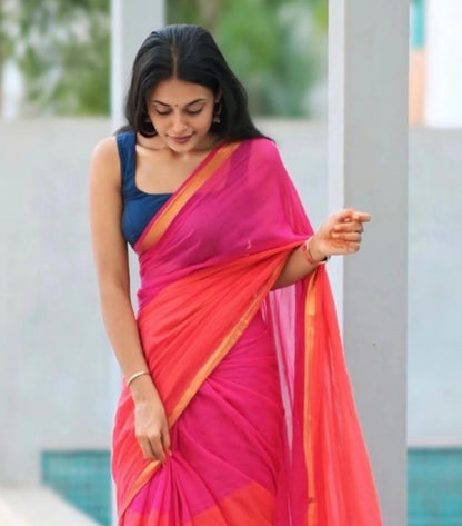 Bright Pink & Orange Mul Cotton Ready To Wear/Easy Saree - Panaash Saree