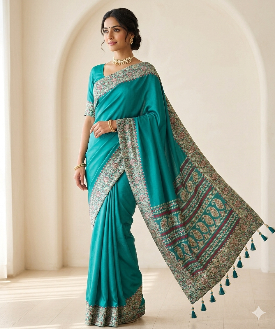 Sea Green Readymade Crepe Ajrakh Silk Saree - Panaash Saree