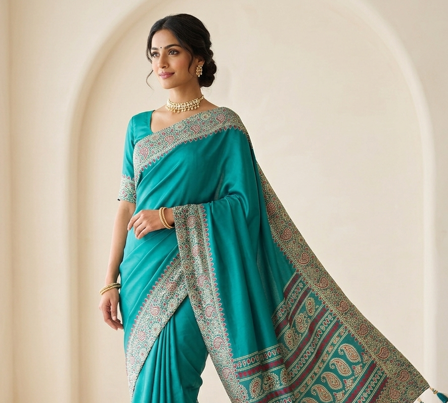 Sea Green Readymade Crepe Ajrakh Silk Saree - Panaash Saree