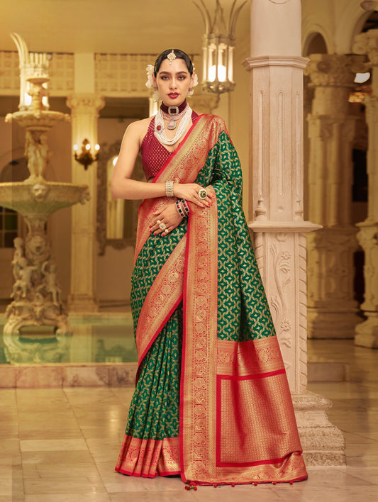 Bottle-Green Kanjivaram Silk Readymade/Easy Saree