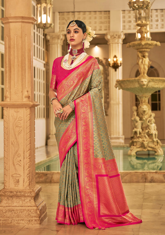 Grey Kanjivaram Silk Readymade/Easy Saree