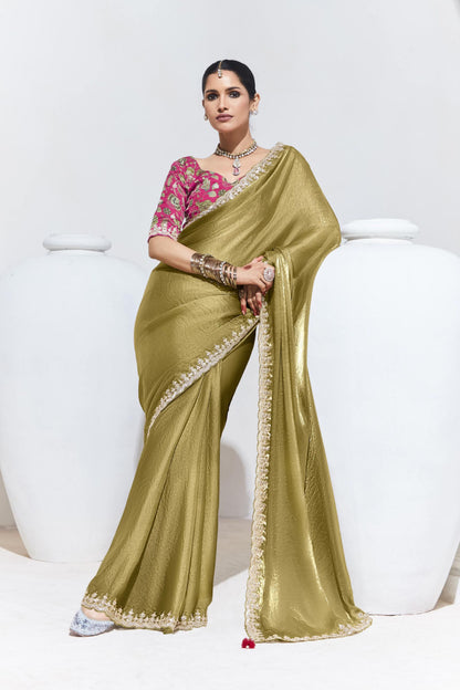 Olive Green Color Organza Readymade/Easy Saree