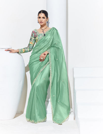 Pastel Green Color Organza Readymade/Easy Saree