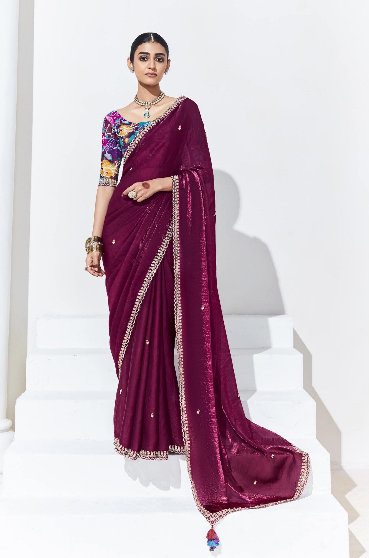 Maroon Color Organza Readymade/Easy Saree