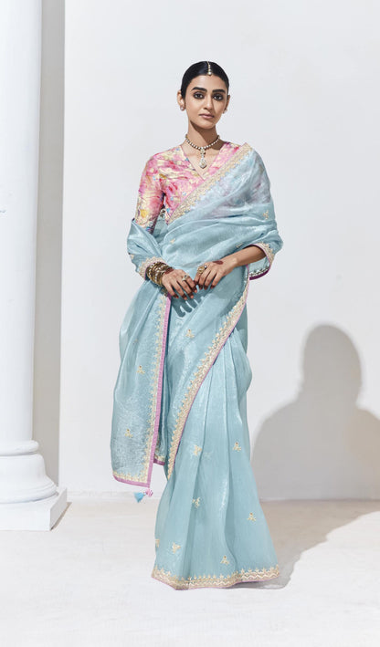 Sky Blue Color Organza Readymade/Easy Saree