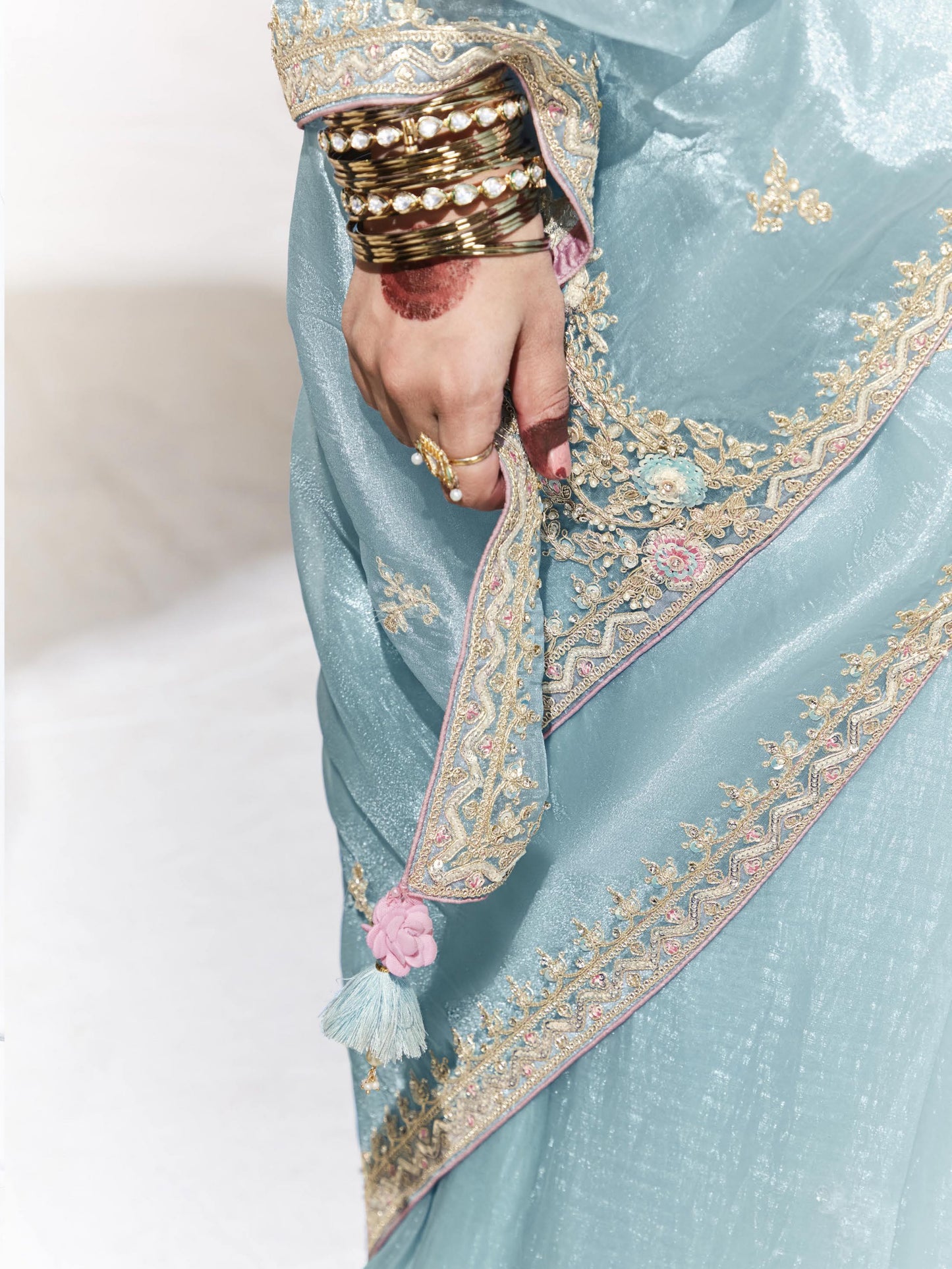 Sky Blue Color Organza Readymade/Easy Saree