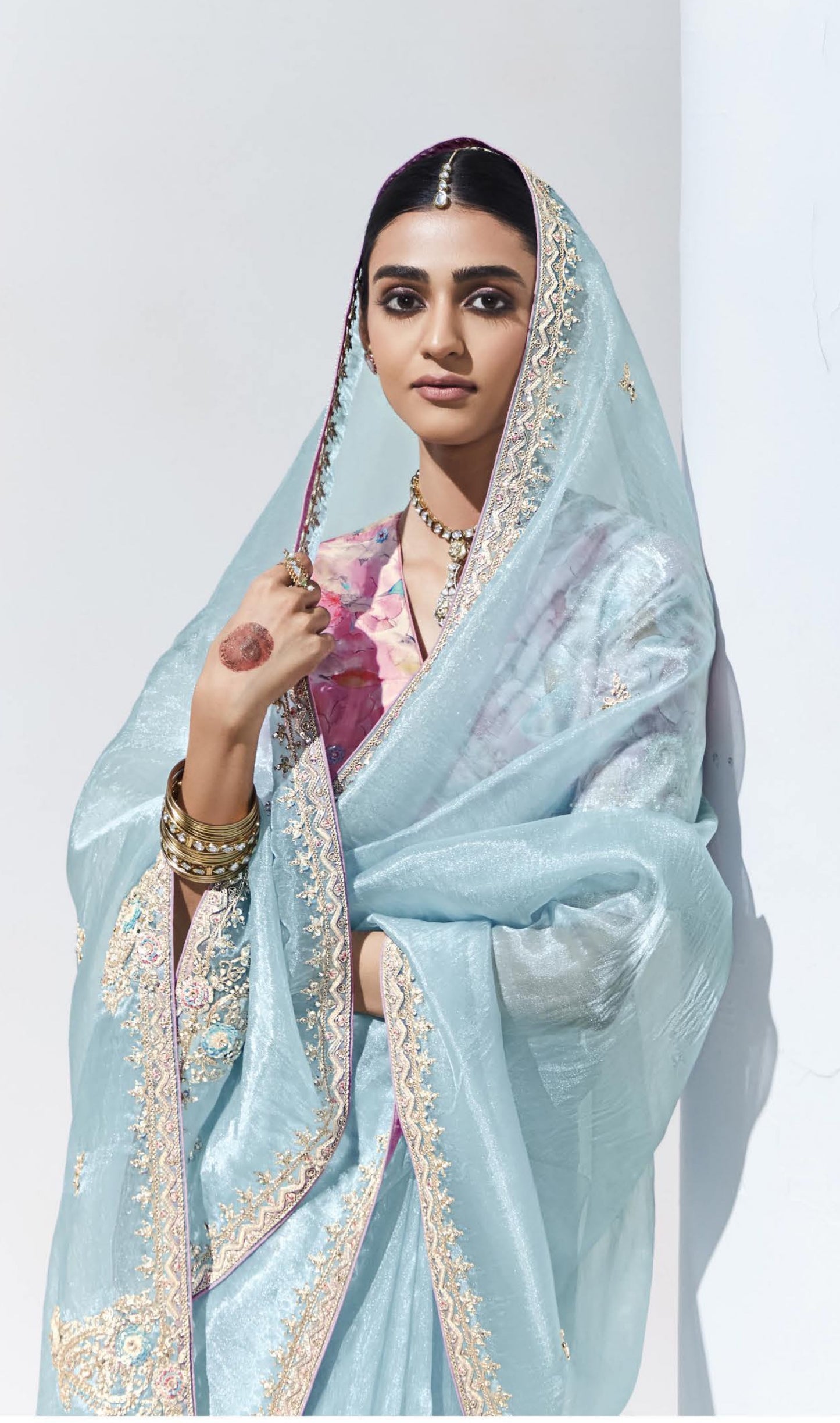 Sky Blue Color Organza Readymade/Easy Saree