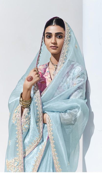 Sky Blue Color Organza Readymade/Easy Saree