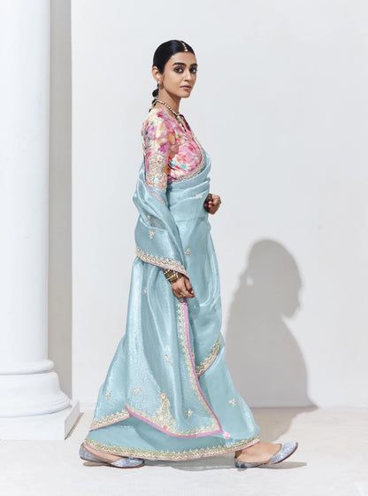 Sky Blue Color Organza Readymade/Easy Saree