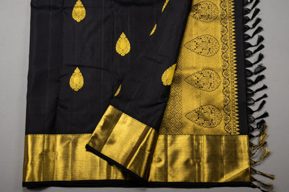 Jet Black Kanchipuram Handmade Silk Saree