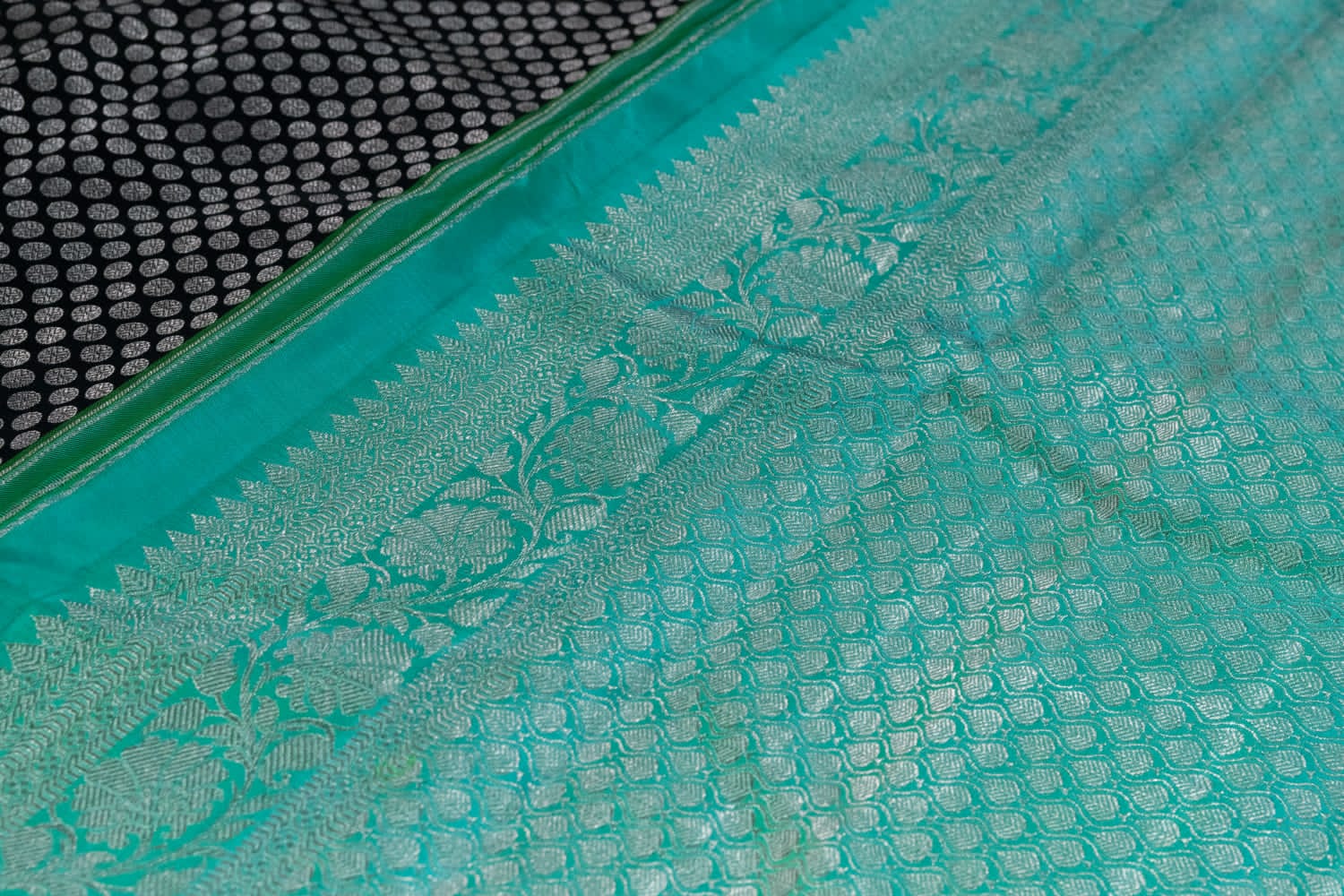 Black & Sea-Green Combination Pure Silk Handmade Saree - Panaash Saree