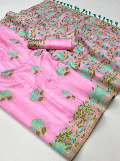 Pink Floral Banarasi Saree
