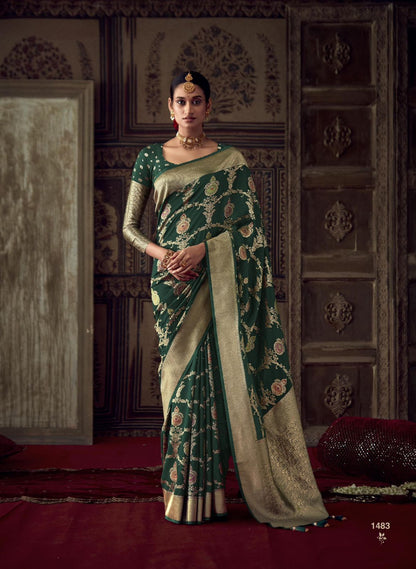 Bottle Green Kanjivaram Designer Silk Readymade/Easy Saree