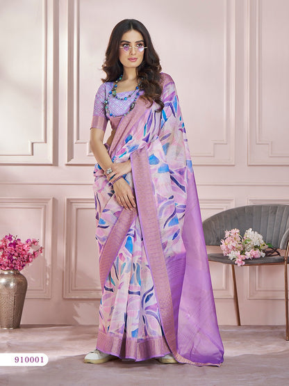 Lavender Color Printed Soft Silk Readymade/Easy Saree