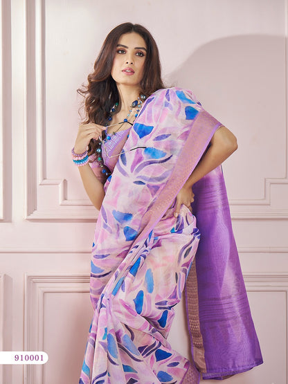 Lavender Color Printed Silk Readymade/Easy Saree